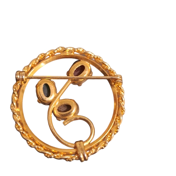 Vtg Gold Tone Circle Brooch Glass Scarab Beatle Cabochon Flower Design  1.25" - Picture 6 of 6